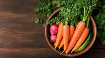 Fresh Organic Vegetables in Rustic Bowl: Carrots, Radishes, Cucumbers, and Greens