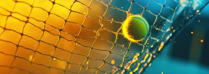 Free photo of a bright greenish-yellow tennis ball hitting the net