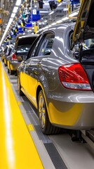 Obraz premium New cars on assembly line, shiny paint, open trunk, and clean yellow floor