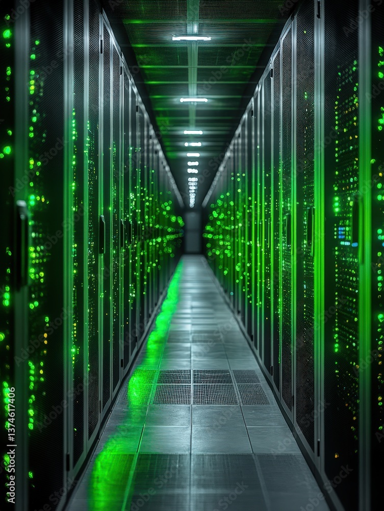 Poster a long corridor of gleaming server racks illuminates with green lights, showcasing advanced data cen