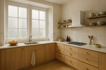 Bright Modern Kitchen Interior with Light Wood Cabinets