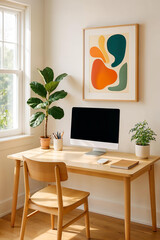 Sunny Modern Home Office Computer Mockup Abstract Art Plant