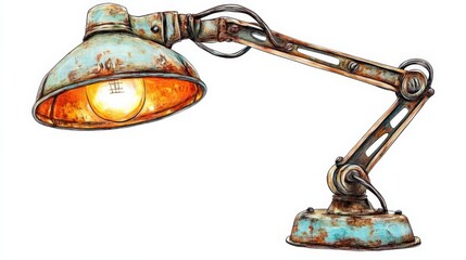 Vintage Industrial Desk Lamp with Rusty Finish and Warm Glow Ideal for Home Decor and Office Lighting, Featuring Adjustable Arm and Unique Character