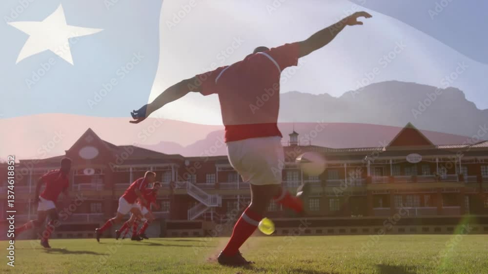 Poster running on field, rugby players in red uniforms with flag animation overlay