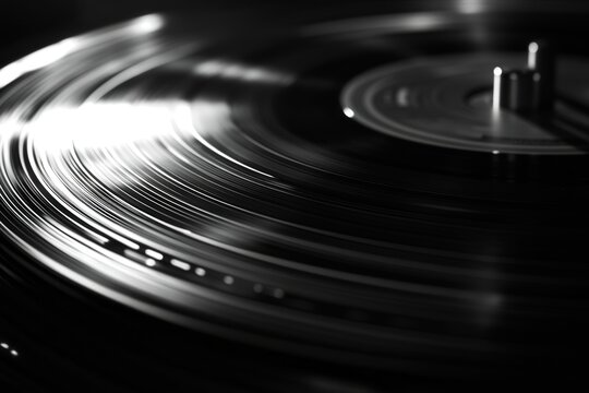 Close-up of a spinning vinyl record. The grooves and light reflections create a mesmerizing pattern in monochrome.