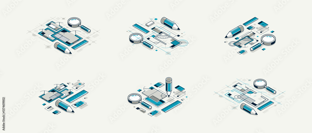 Poster engineering project concept set, paper document blueprint engineer work vector 3d isometric illustra