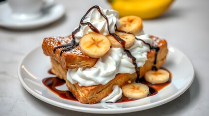 A gourmet French toast dish with caramelized bananas, whipped cream, and a drizzle of rich chocolate sauce, elegantly plated on a white ceramic dish