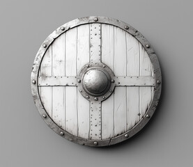 Fototapeta premium Round wooden medieval shield with a metallic band and central boss, against a light background.