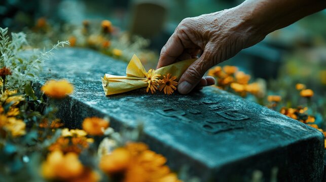 A weathered hand placing flowers on a grave in memory - Powered by Adobe