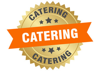 catering. catering round orange and gold label isolated on transparent background