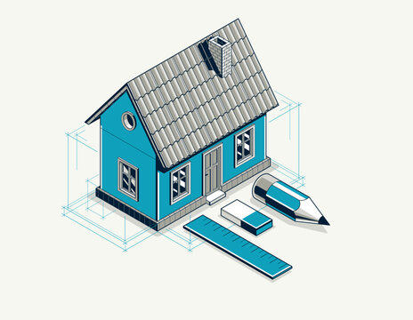 House project implementation embodiment concept, 3D isometric vector illustration of a small house building project, construction architectural model, idea in progress.