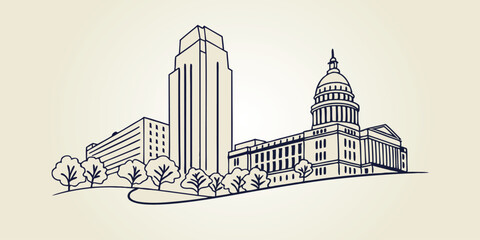 Obraz premium Raleigh skyline, highlighting the PNC Plaza and historic State Capitol in a sleek, line drawing style.