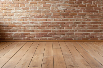 Fototapeta premium Warm rustic room with exposed red brick wall and wooden floor, cozy vintage interior background with natural textures and soft ambient light