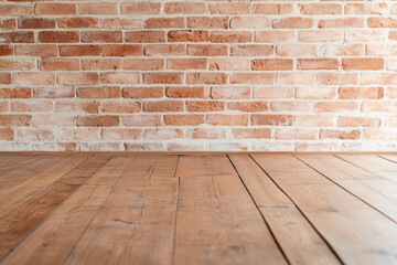 Rustic light red brick wall and wooden floor background for vintage interior design, kitchen decor, or product display scene