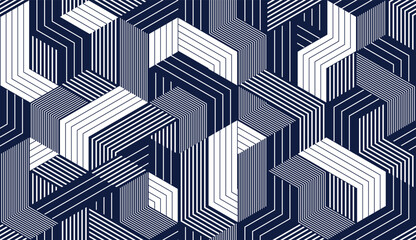 Cubic surreal maze seamless pattern, trippy unreal vector geometric abstract background, impossible construction optic art insane wallpaper.