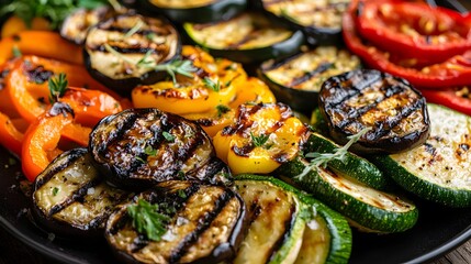 Grilled Veggie Delight: An array of beautifully grilled vegetables with charred grill marks, a culinary symphony of vibrant colors and fresh flavors, perfect for any gourmet spread.