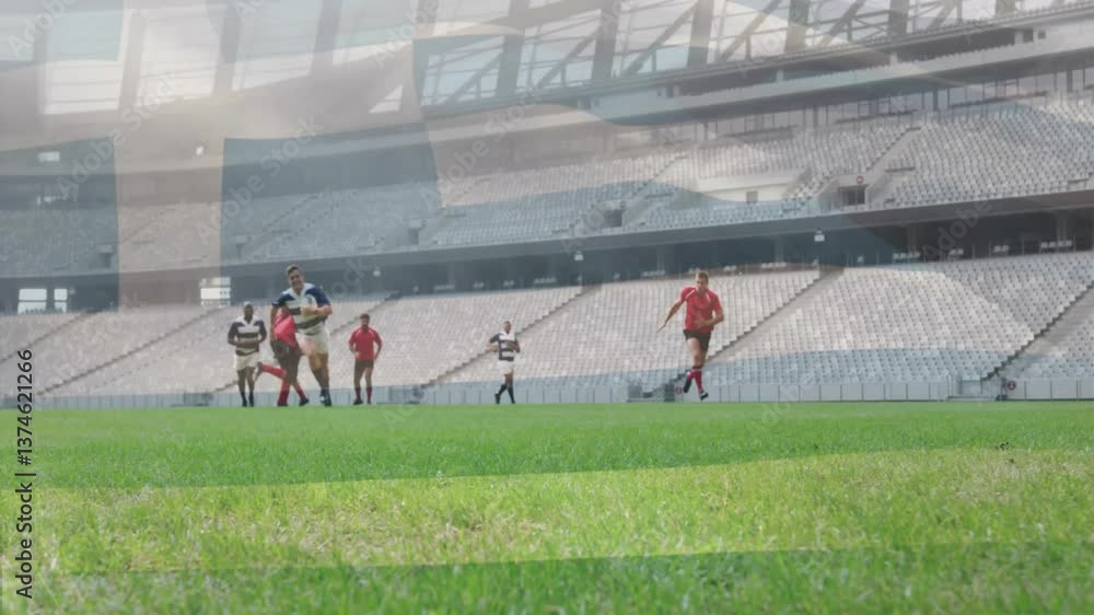 Poster running on green field, rugby players in large empty stadium with animation