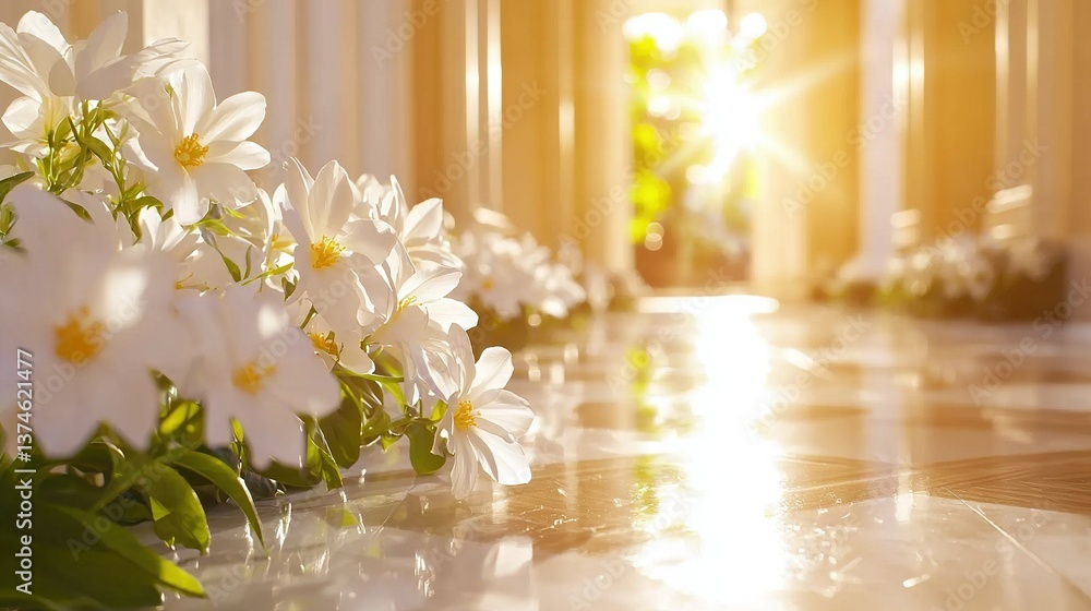 Poster a group of white flowers placed on a tiled surface in front of a building with columns, illuminated 