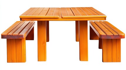 Wooden outdoor table with attached benches, perfect for summer gatherings, picnics, social events, and family gatherings in gardens, backyards, or patios