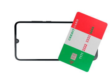 Plastic credit card with the image of the flag of Italy, lies on a smartphone with a blank screen on a transparent background (close-up). The concept of the development of banking and online shopping