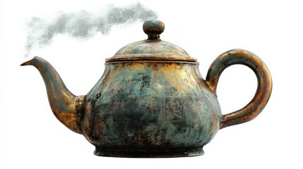 Vintage Teapot with Steam Rising, Showing Patina and Unique Texture, Perfect for Culinary, Lifestyle, or Art Designs and Themes