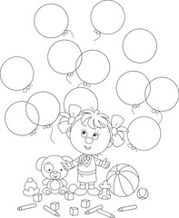 Happy little girl preschooler with flying holiday balloons and funny toys, black and white outline vector illustration for a coloring book