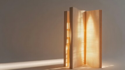 Wooden partition screen casting beautiful light and shadow patterns in a minimalist interior space, showcasing artistry in design and material use for modern decor