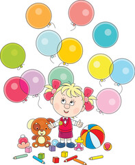 Happy little girl preschooler with colorful holiday balloons and funny toys, vector cartoon illustration isolated on a white background