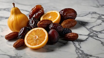 A vibrant display of fresh fruits including a pear, orange slices, and a variety of dates on a textured marble surface.