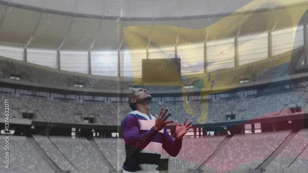 Poster rugby player catching ball in empty stadium with digital overlay animation