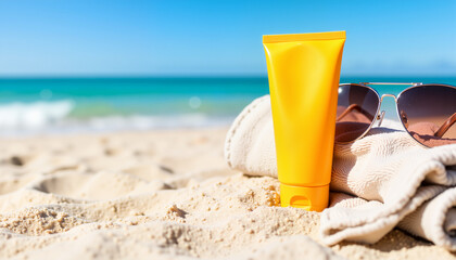 Yellow Sunscreen Bottle and Sunglasses on Sandy Beach  