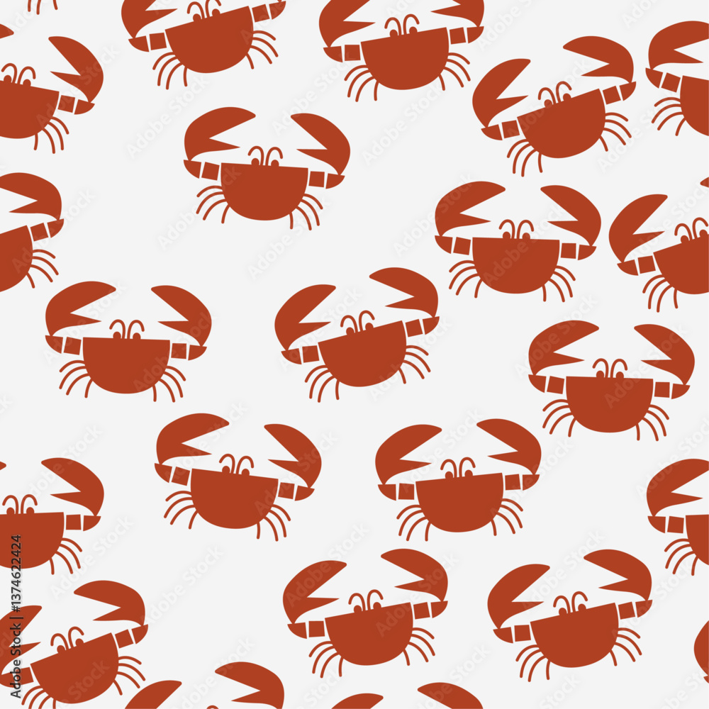 Poster This image features a repeating pattern of red crabs on a white background. The crabs are stylized with simple, cartoon-like features.