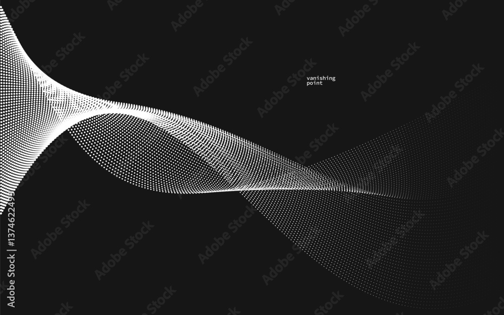 Poster abstract background vector illustration over black, dots in motion by curve lines, particles flow wa