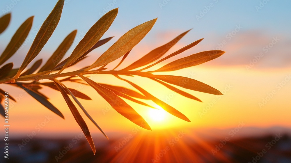 Poster a close-up of a tree branch with the sun setting in the background