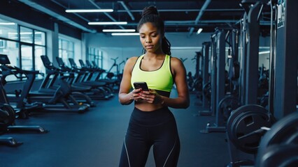 A woman stands in a gym holding a cell phone, possibly taking a selfie or checking messages
