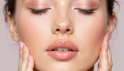Obraz premium Serene woman expressing calmness while touching her face 