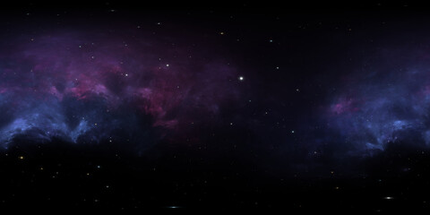 360 degree space nebula. Giant interstellar cloud with stars, equirectangular projection, environment map. Spherical panorama. 3d illustration