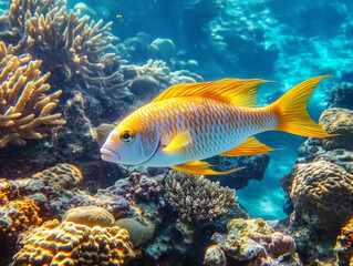 Naklejka premium Fish swimming near coral reef with vibrant marine life, realistic render