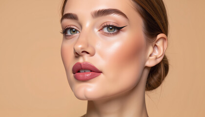 Fototapeta premium Beautiful woman showcasing flawless makeup on a warm background 