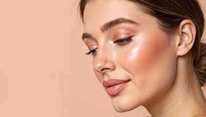 Fototapeta premium Woman exhibiting serene beauty against soft peach background 