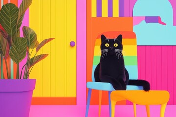 Black cat relaxing on a colorful chair in a vibrant room