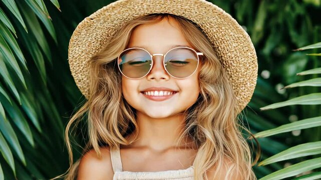 A young girl wearing a straw hat and sunglasses is smiling. She is standing in front of a green palm leaves.