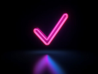Floating neon checkmark with soft glow on black background, digital art