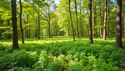 Fototapeta premium Lush green forest with vibrant trees and foliage in sunlight 