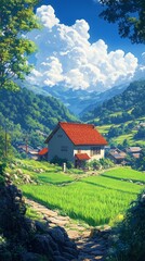 Fototapeta premium Picturesque anime-style countryside landscape with a charming farm