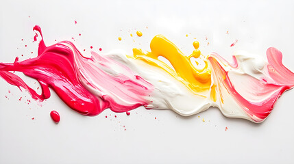 Colorful smear of red, white and yellow acrylic paint on white background with dynamic brush strokes and splashes