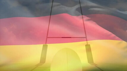 German flag overlaying rugby goalposts, animation on sports field in school - Powered by Adobe