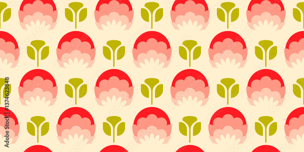 Aufkleber Image features a repeating pattern of stylized flowers on a light yellow background. The flowers are composed of three layers. Vector for print.