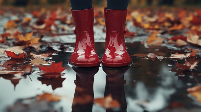 Red boots standing in puddle reflecting autumn leaves
