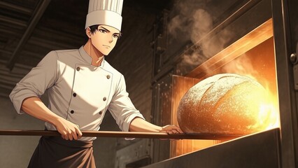 Baking chef places dough inside heated oven food preparation bakery setting warm interior detail culinary